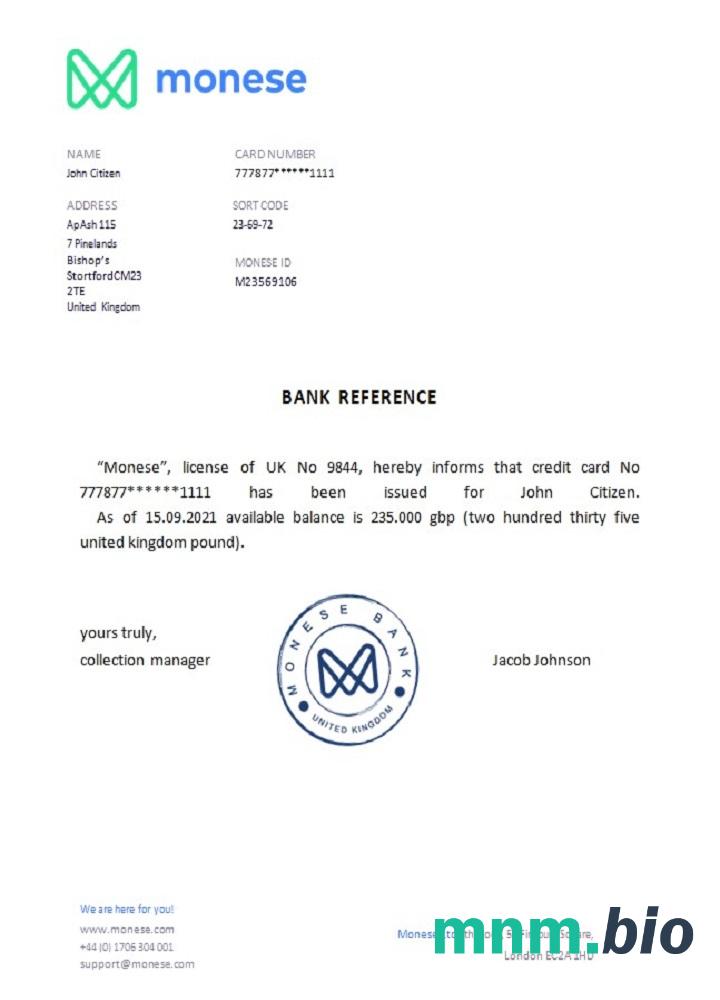 Przykład odniesienia Monese w Wielkiej Brytanii w formatach Word i PDF